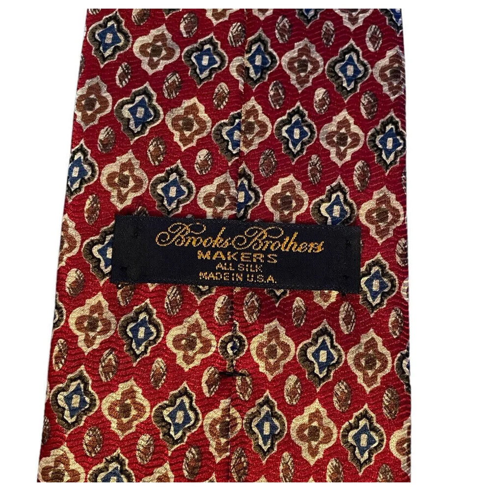 Brooks Brothers Makers Patterned Silk Neck Tie‎ Made In USA Cranberry Red Blue